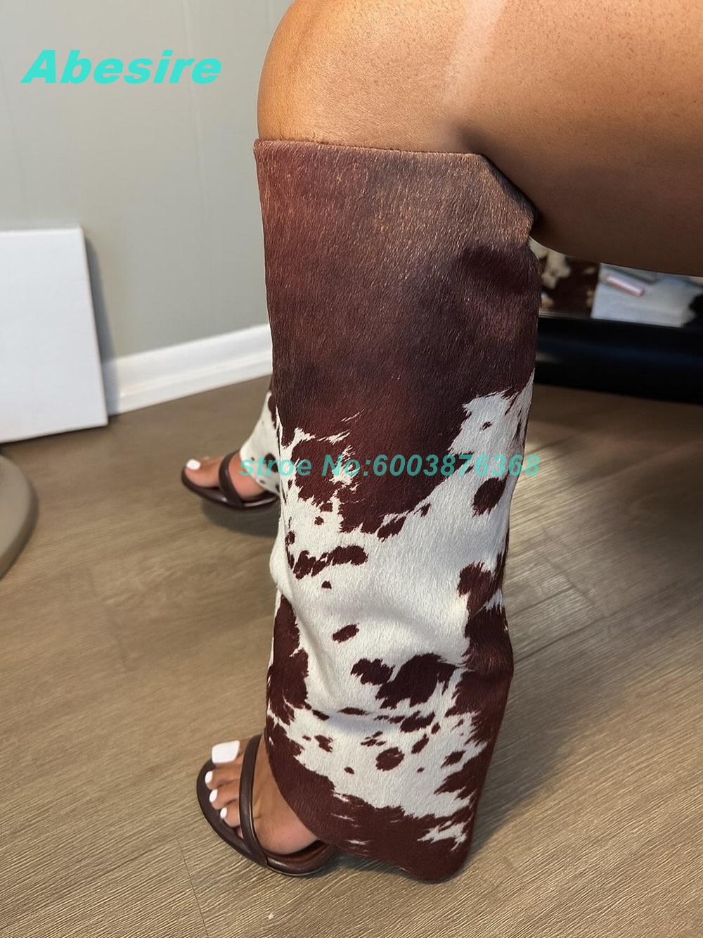Women'S Fashion Boots - Kuhmuster Patchwork Wildleder Sandaletten Offene Zehenpartie