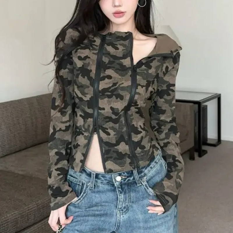 Women'S Fashion Zip Up Hoodies - Damen-Camo-Kapuzenpullover mit Reißverschluss, verkürzte Passform mit