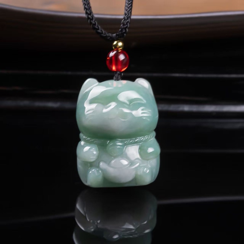 Women Fashion Necklace - Natürlicher Smaragd-Jade Glückskatze Anhänger Myanmar Jadeit