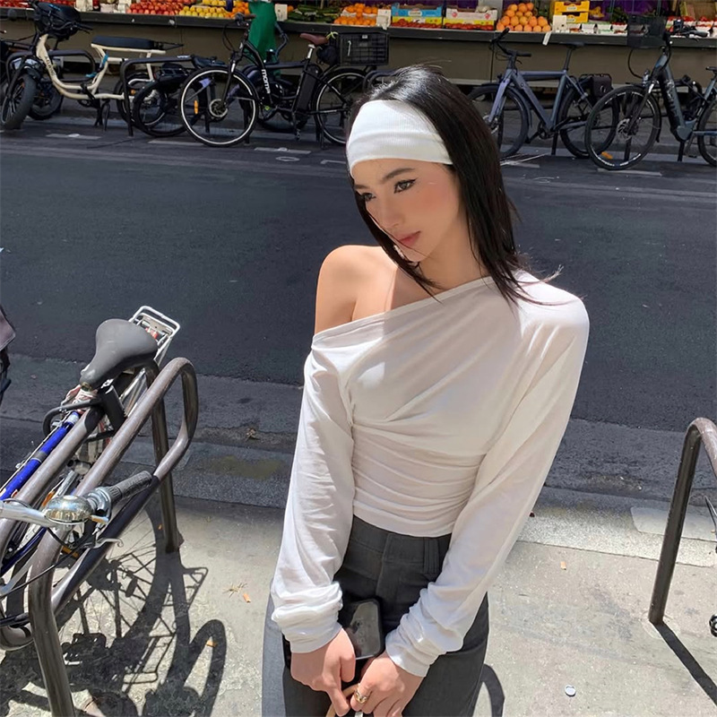 Women Fashion Blouse - 2026 Damen One-Shoulder-Top Langarm-T-Shirt Asymmetrisch Gerafft