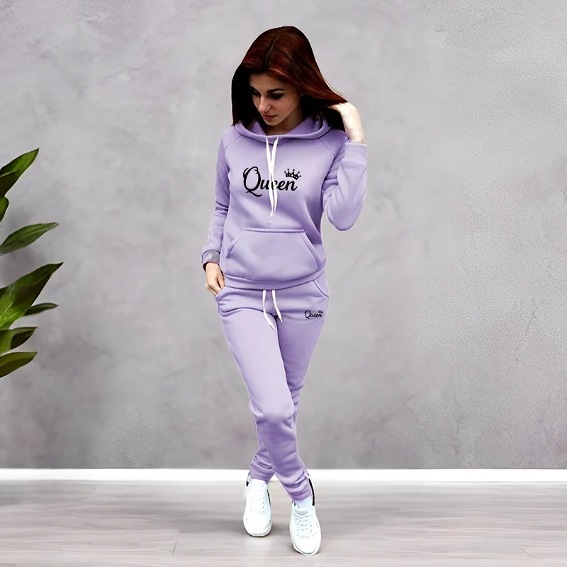 Women'S Fashion Suit - Damen-Trainingsanzug mit Queen-Schriftzug-Druck, Kapuzenpullover-Set, Hochwertige Jogging-Outfits,