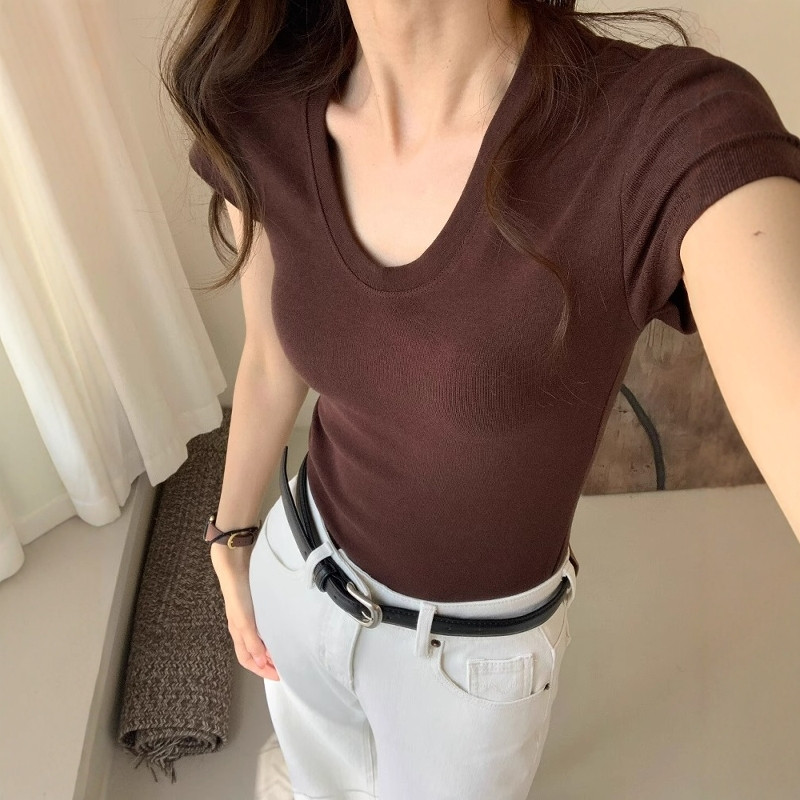 Women Fashion Blouse - U-Ausschnitt Schulterfreies Kurzarm-T-Shirt für Damen, Sommer