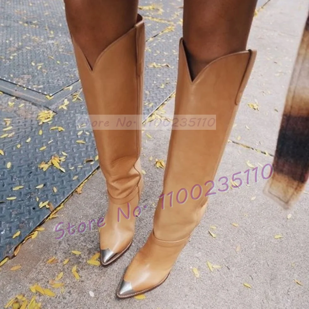Winter Fashion Women Boots - Silberne Metallkappe, hellbraune kniehohe Stiefel für