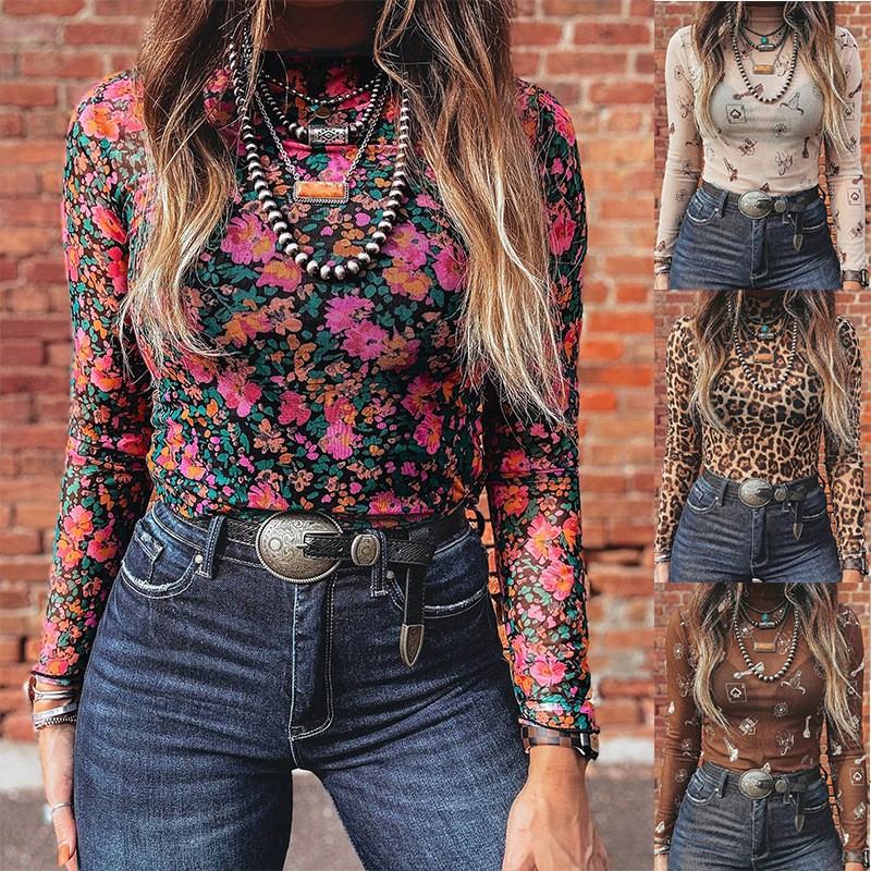 Women Fashion Blouse - Damen Herbst Mesh Rollkragen Slim Fit