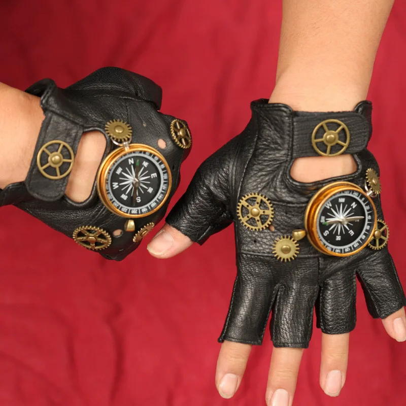 Women Fashion Gloves - Steampunk PU Leder Fingerlose Kompass Handschuhe
