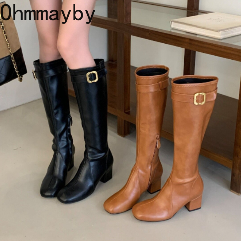 Winter Fashion Women Boots - Damen Retro Quadratische Spitze Kniehohe Stiefel