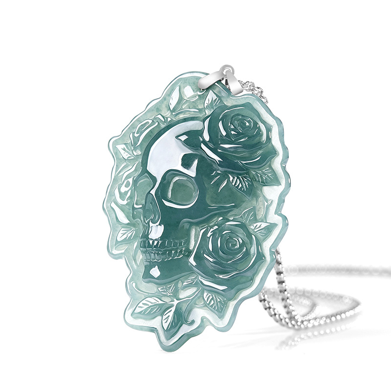 Women Fashion Necklace - Natürlicher Burmesischer Jadeit-Schädel-Anhänger Halskette Mode Vintage