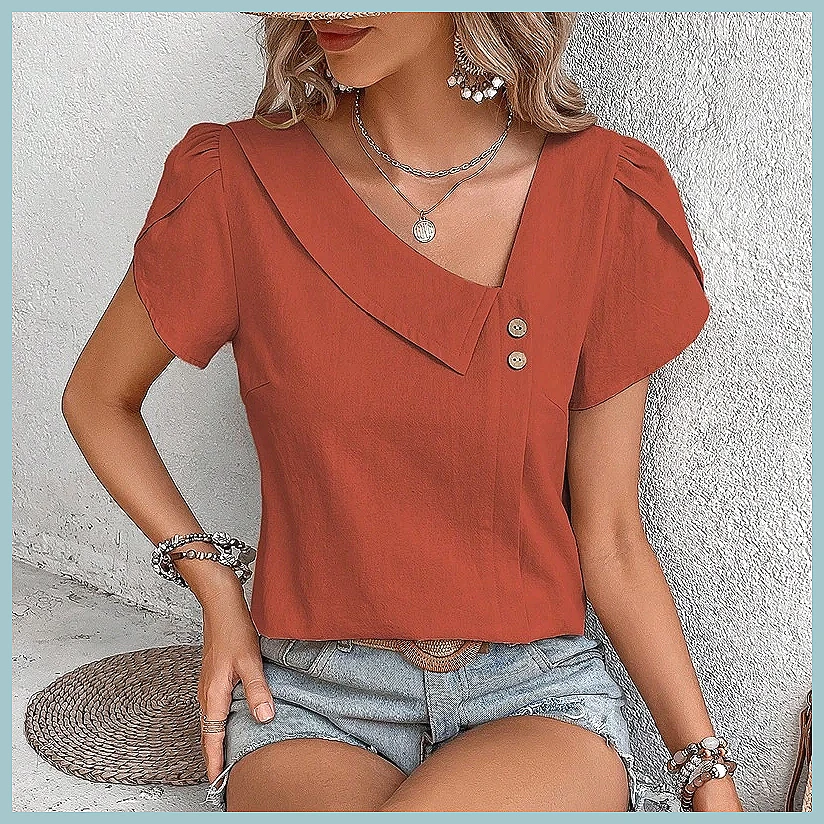 Women Fashion Blouse - 2024 Sommer Vintage Einfarbige Bluse für